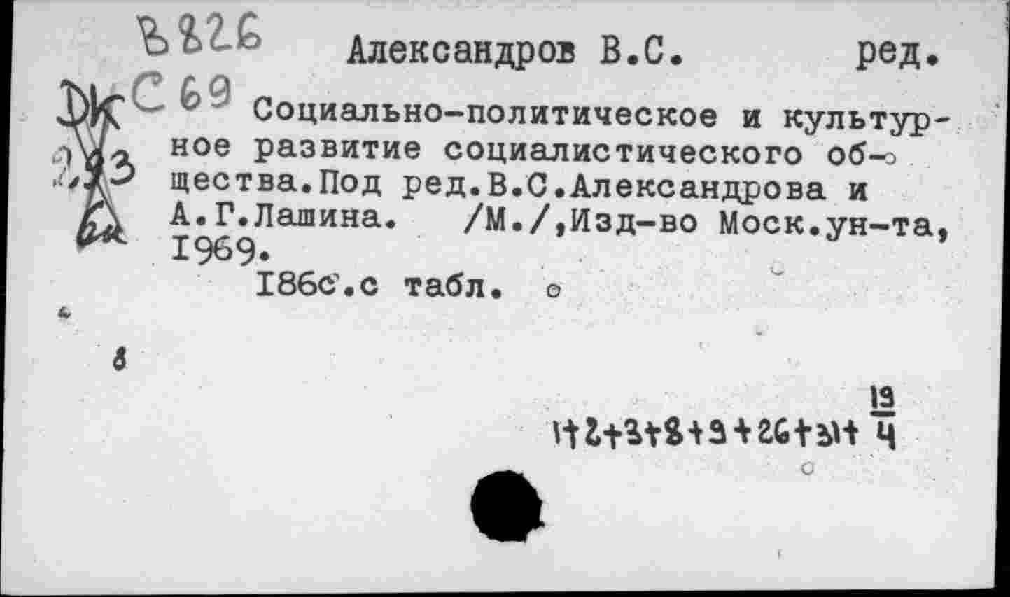 ﻿
Александров В.С. ред.
10 - Социально-политическое и культур-ное развитие социалистического об-о щества.Под ред.В.С.Александрова и А.Г.Лашина. /М./,Изд-во Моск.ун-та, 1969.
186с.с табл, о
19
о